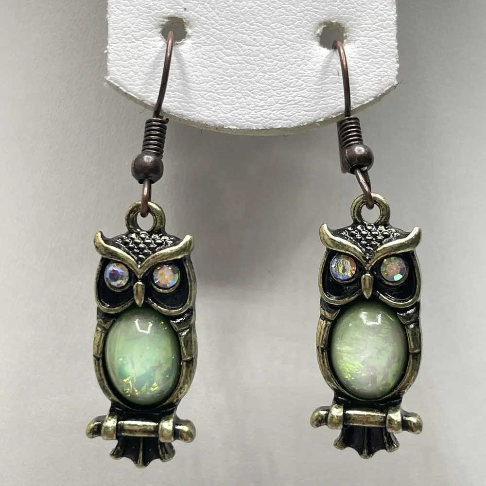 Cute Boho Iridescent Green Rhinestone Owl Dangle Earrings Fun Statement